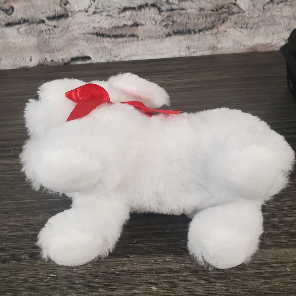 Standing White Puppy Dog Plush Wearing Red‎ Satin Bow 7